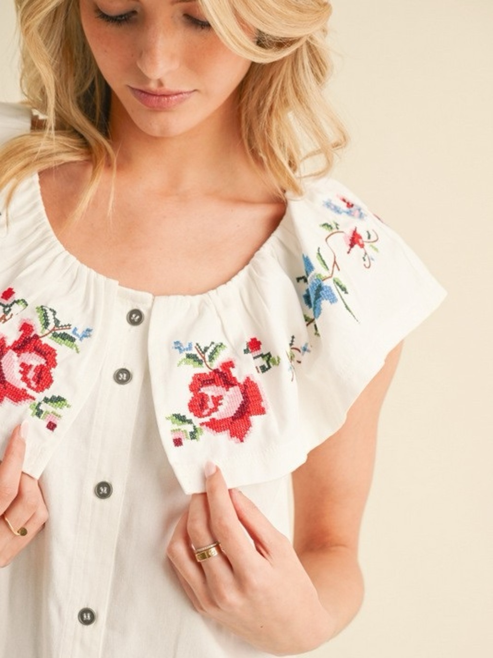 Jodifl Off White Embroidered Ruffle Neck Cotton Dress Button Front NWT - Picture 4 of 4